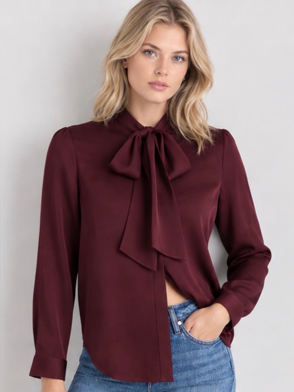 Quince - women’s washable stretch silk Tie neck blouse Burgundy shirt top Size S